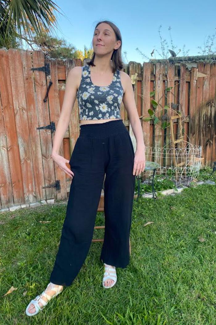 Black Smocked Cotton Lounge Pant Product Image