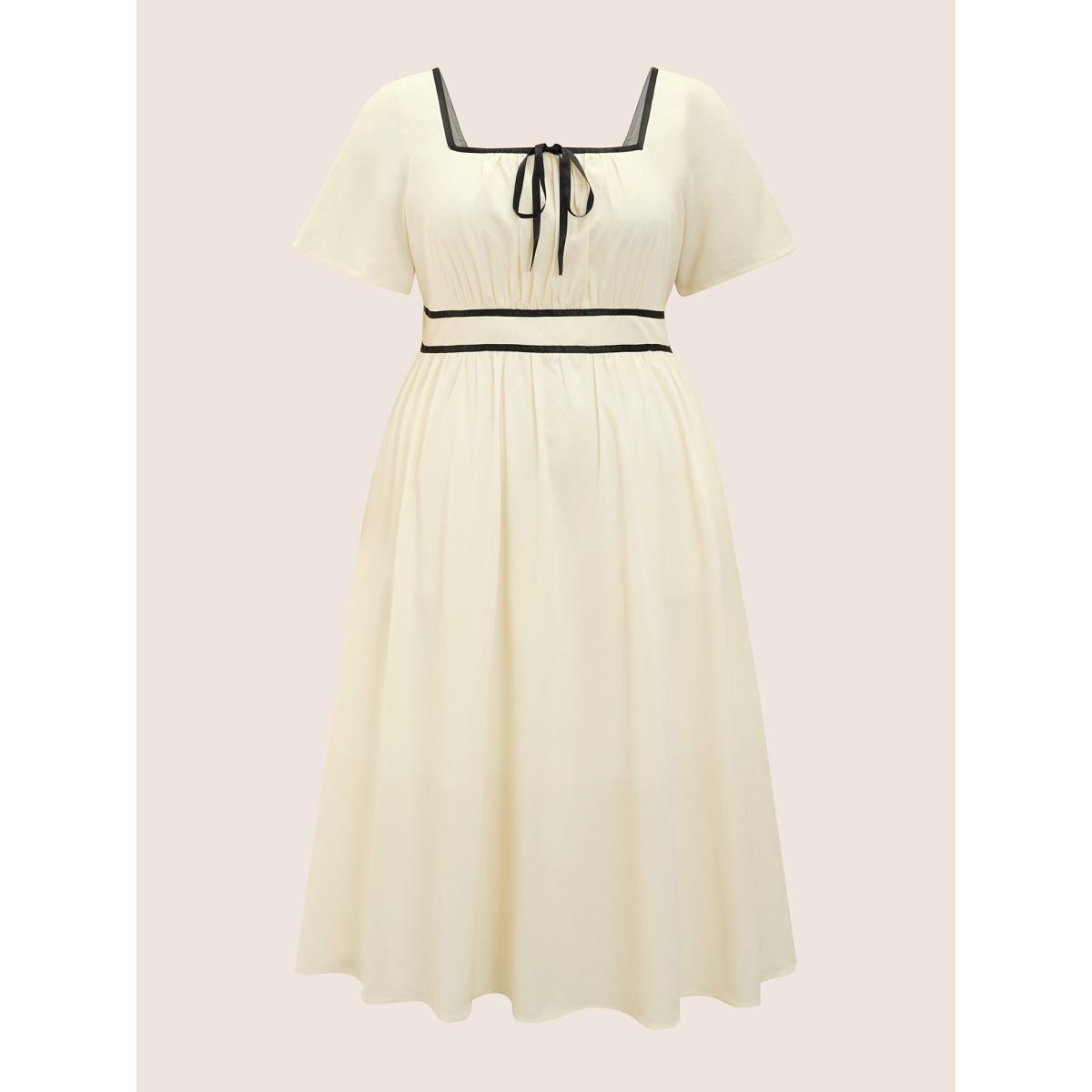 Plus Size Contrast Trim Tie Knot Elastic Waist Dress Ivory Women Elegant Tie knot Square Neck Short sleeve Curvy BloomChic 22-24/3X Product Image