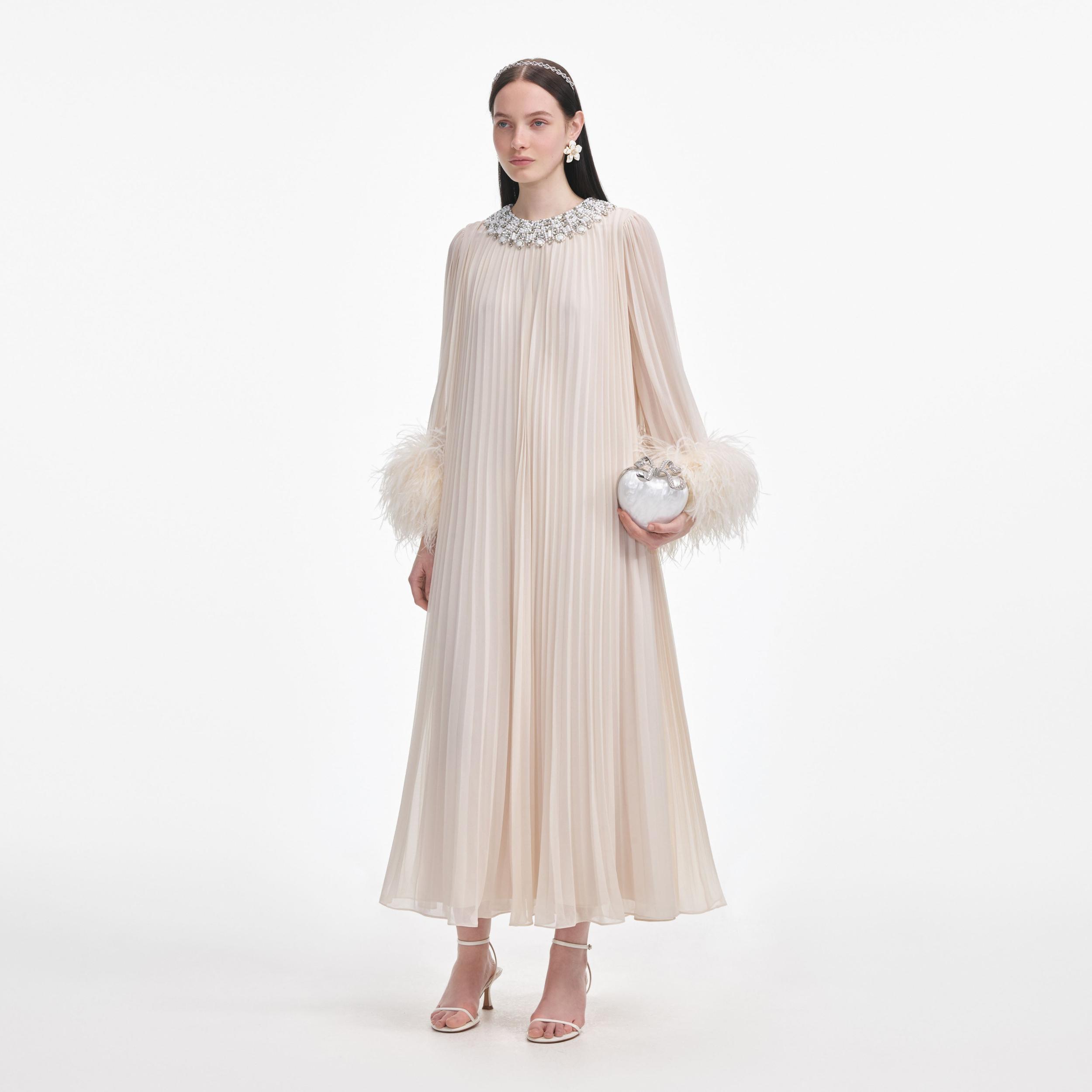 Cream Chiffon Feather Midi Dress Product Image