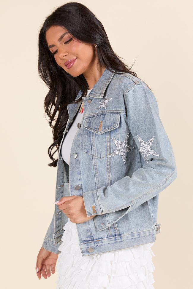 Brightest Night Light Wash Embellished Star Denim Jacket FINAL SALE Product Image