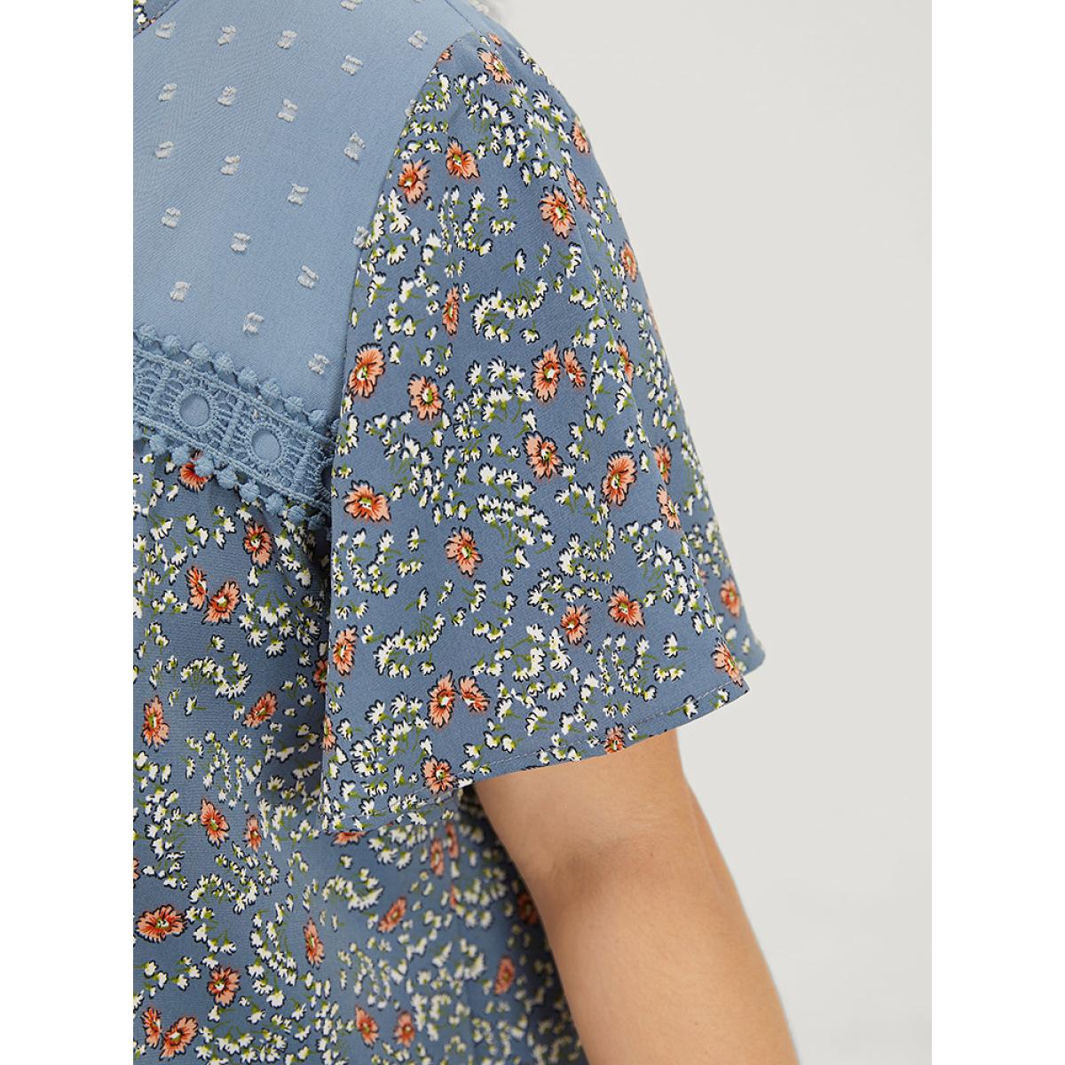 Plus Size Stone Ditsy Floral & Polka Dot Lace Notched Neck Blouse Women Elegant Short sleeve Notched collar Dailywear Blouses BloomChic 10/M Product Image