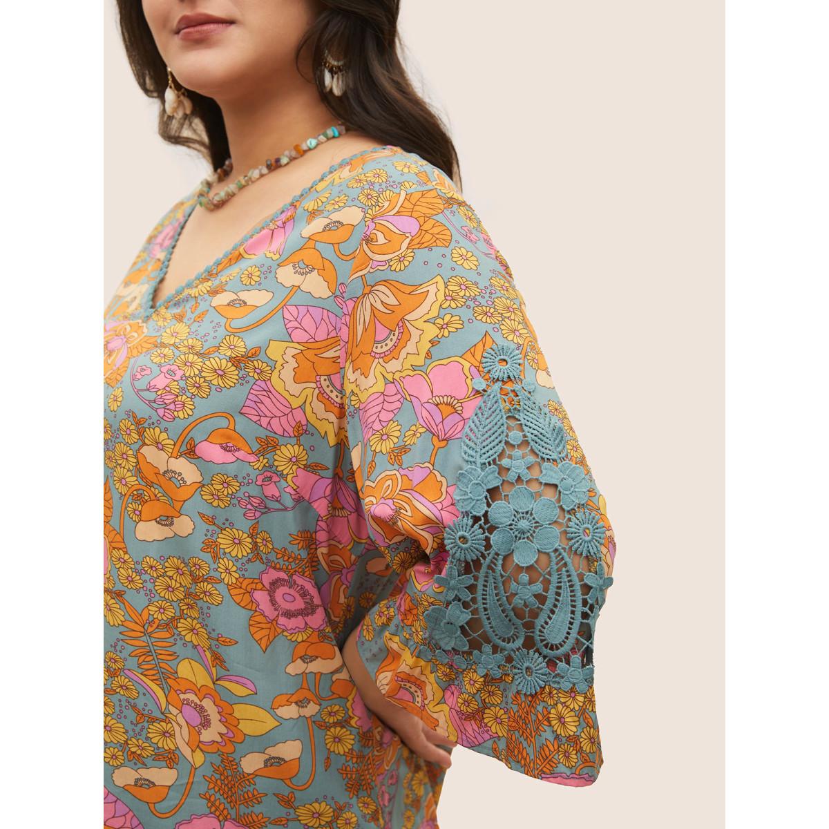 Plus Size Stone Boho Print Guipure Lace Ruffles Blouse Women Boho Elbow-length sleeve V-neck Vacation Blouses BloomChic 28/5X Product Image