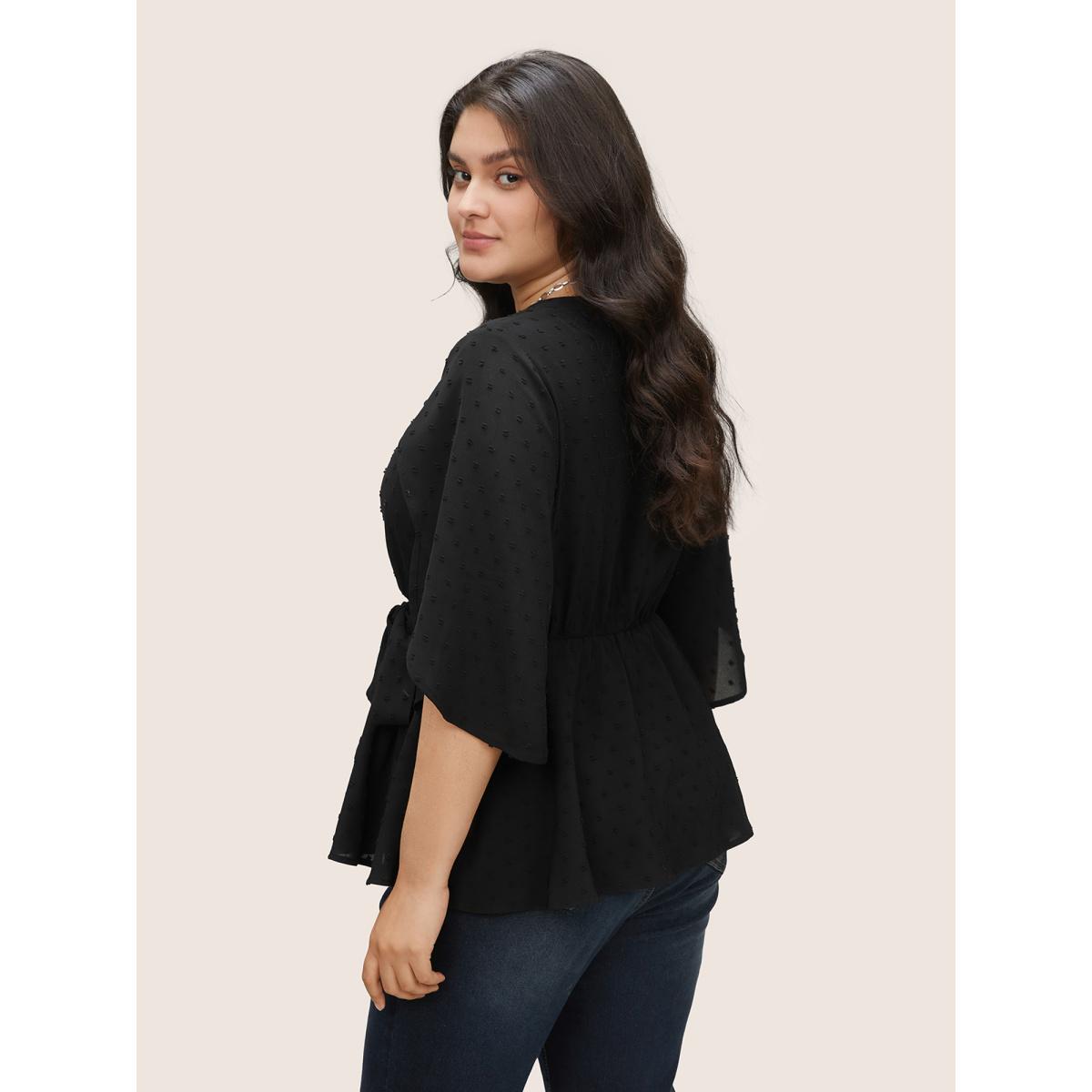 Plus Size Black Plain Textured Petal Sleeve Ties Blouse Women Work From Home Elbow-length sleeve Flat collar with V-notch Work Blouses BloomChic 18-20/2X Product Image