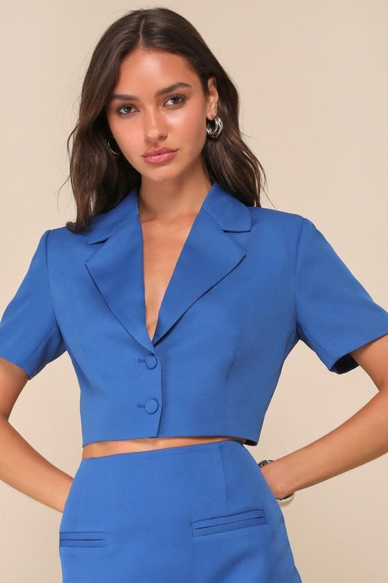 Truly Sophisticated Royal Blue Short Sleeve Cropped Blazer Top Product Image