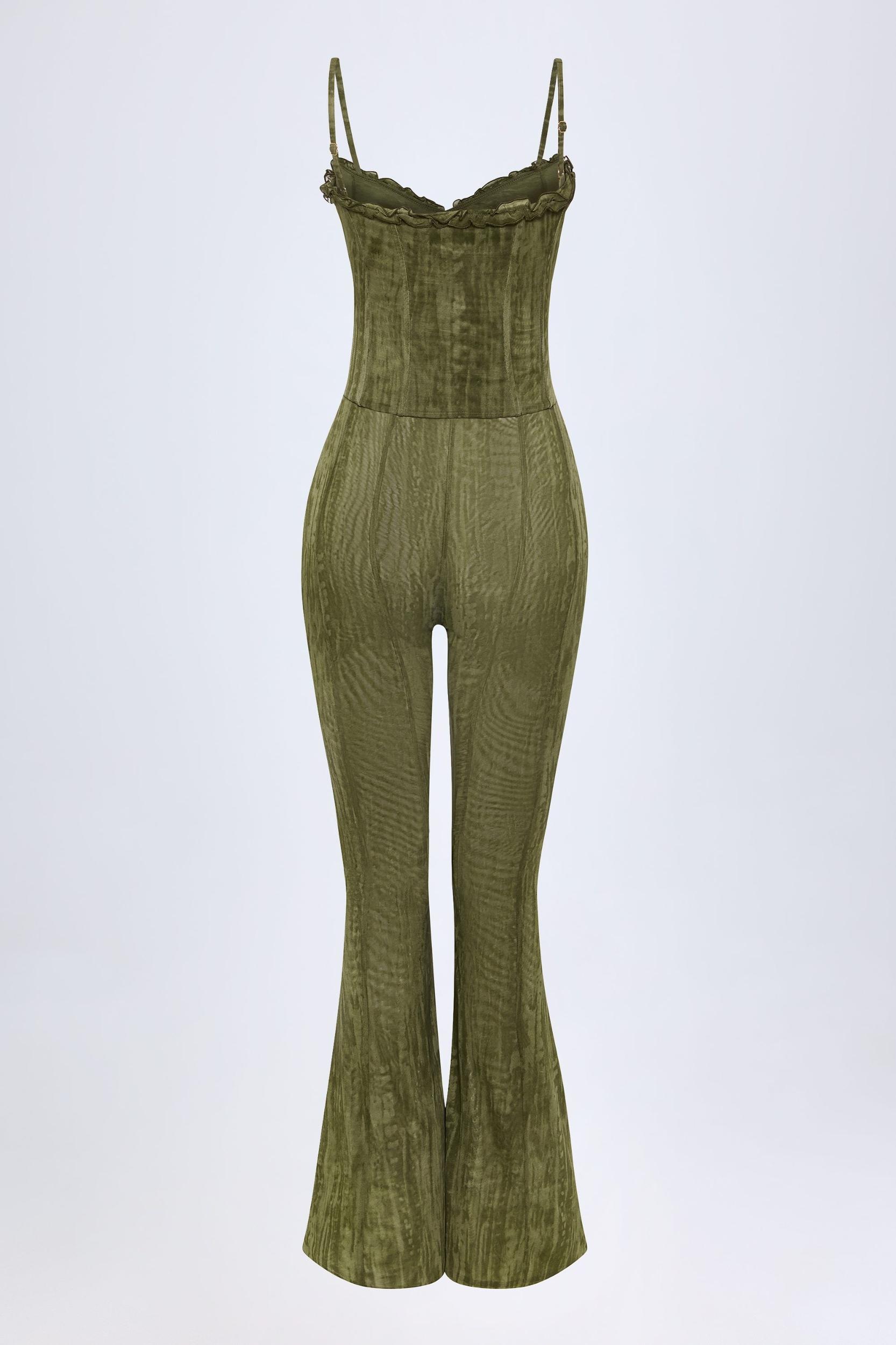 Lace-Up Ruffled Flared Jumpsuit in Green Print Product Image
