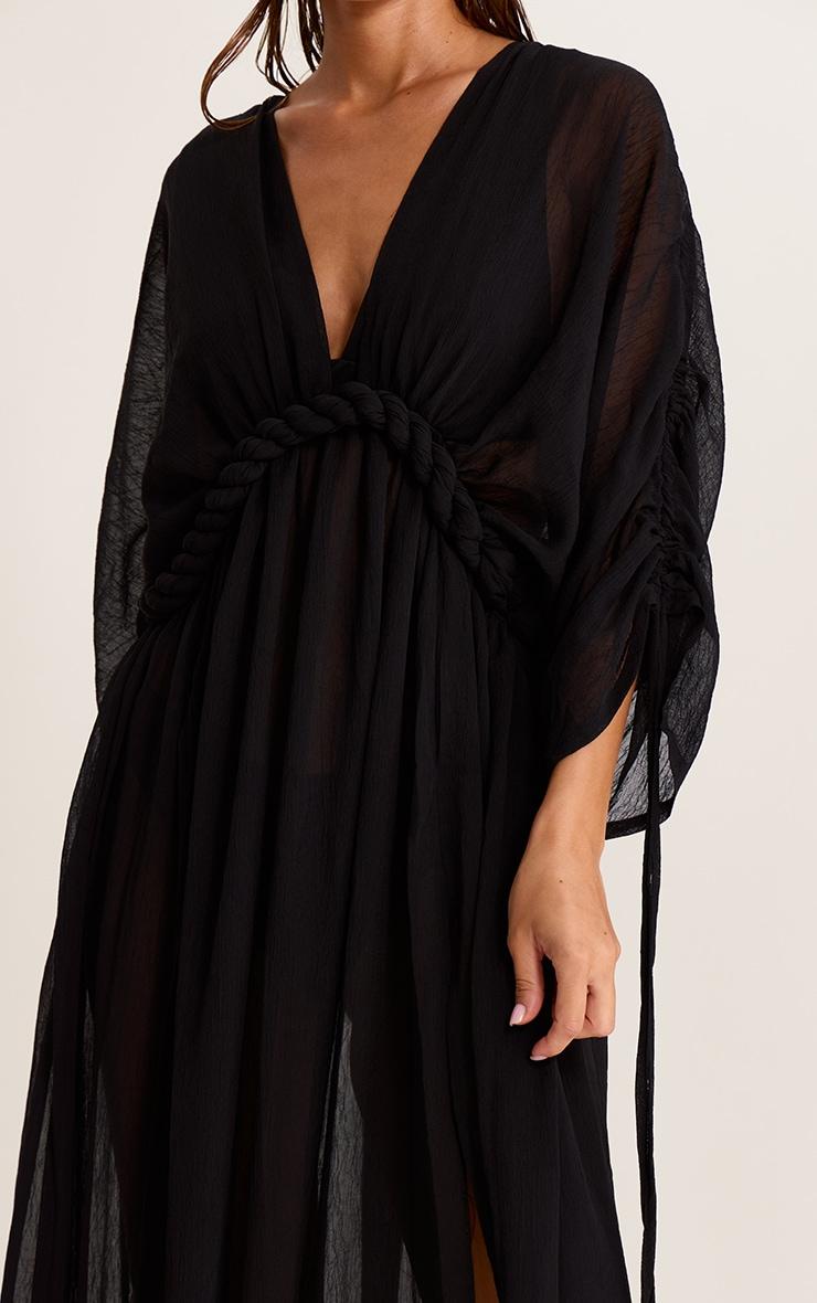Black Textured Chiffon Twist Boho Beach Dress Product Image