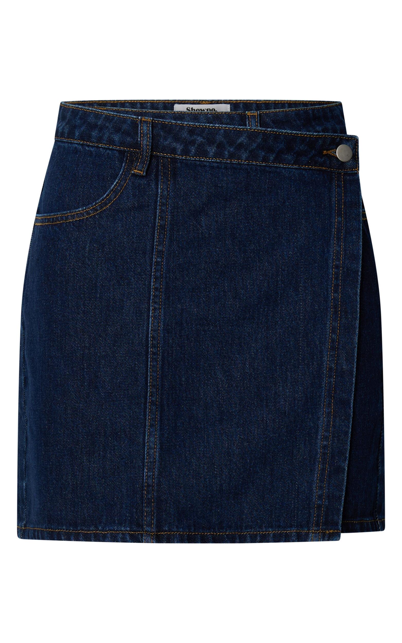 Katherine Mini Skirt - Cross Front Recycled Denim Skirt in Dark Blue Wash Product Image