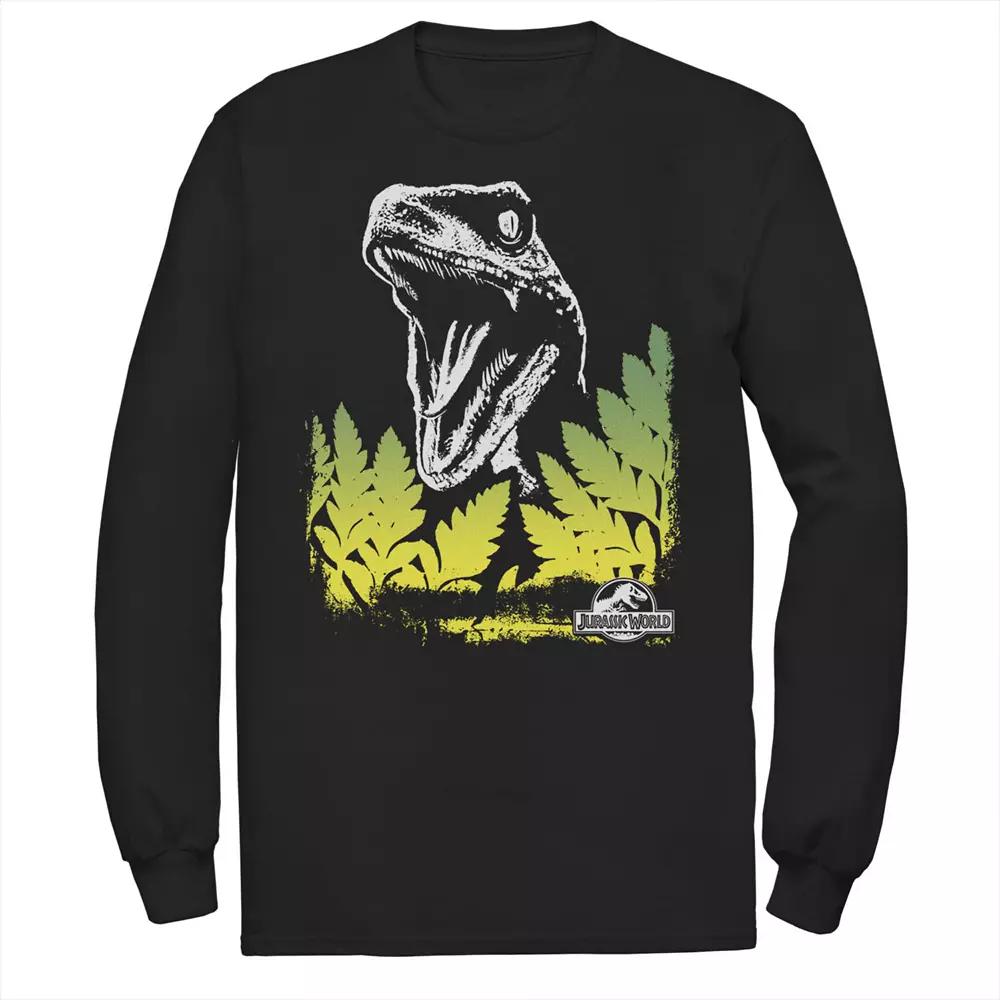 Men's Jurassic World Raptor Roaring Behind Bushes Long Sleeve Graphic Tee,  Product Image
