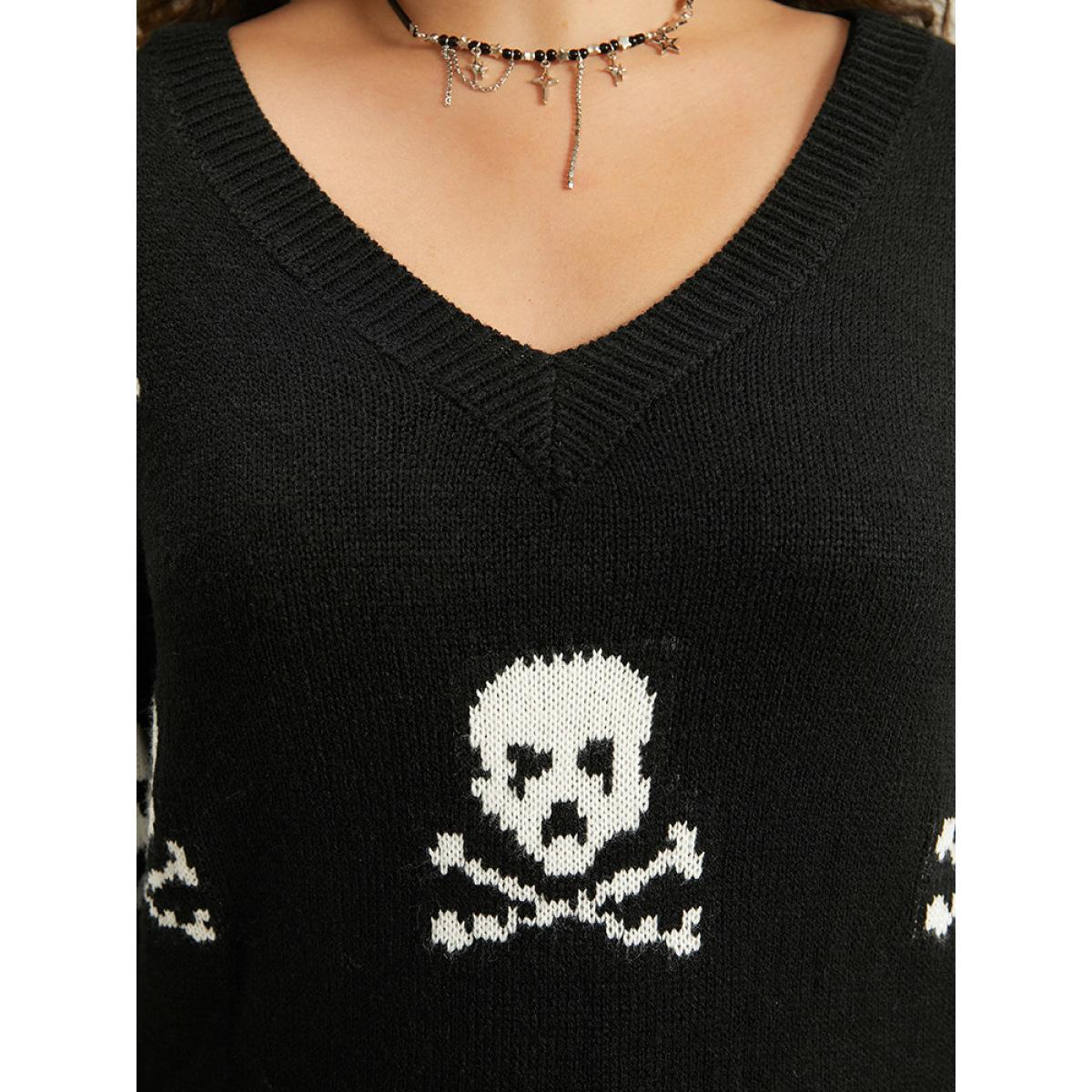 Plus Size Halloween Elastic Cuffs Skull Print Pullover Black Women Casual Loose Long Sleeve V-neck Dailywear Pullovers BloomChic 26/4X Product Image
