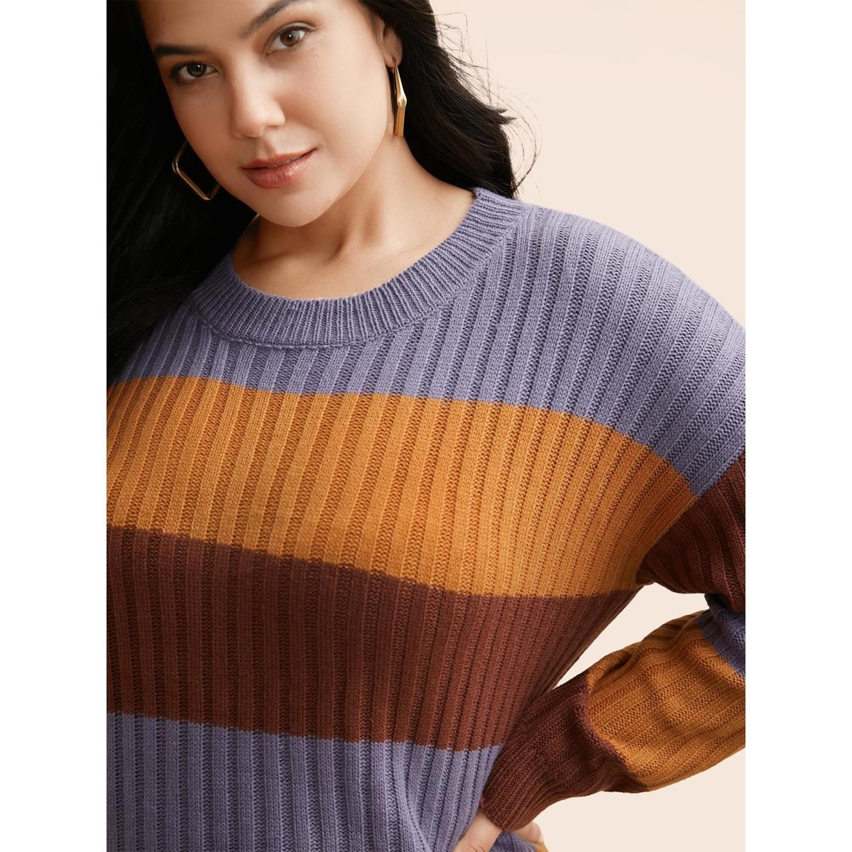 Plus Size Colorblock Contrast Split Hem Pullover Browncoffeecolor Women Casual Loose Long Sleeve Round Neck Everyday Pullovers BloomChic 22-24/3X Product Image