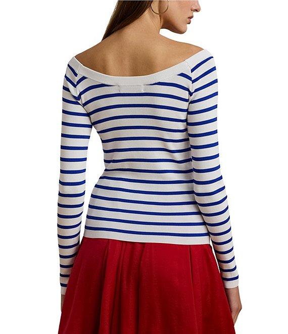 Lauren Ralph Lauren Horizontal Striped Ribbed Ballet Neck Long Raglan Sleeve Sweater Product Image