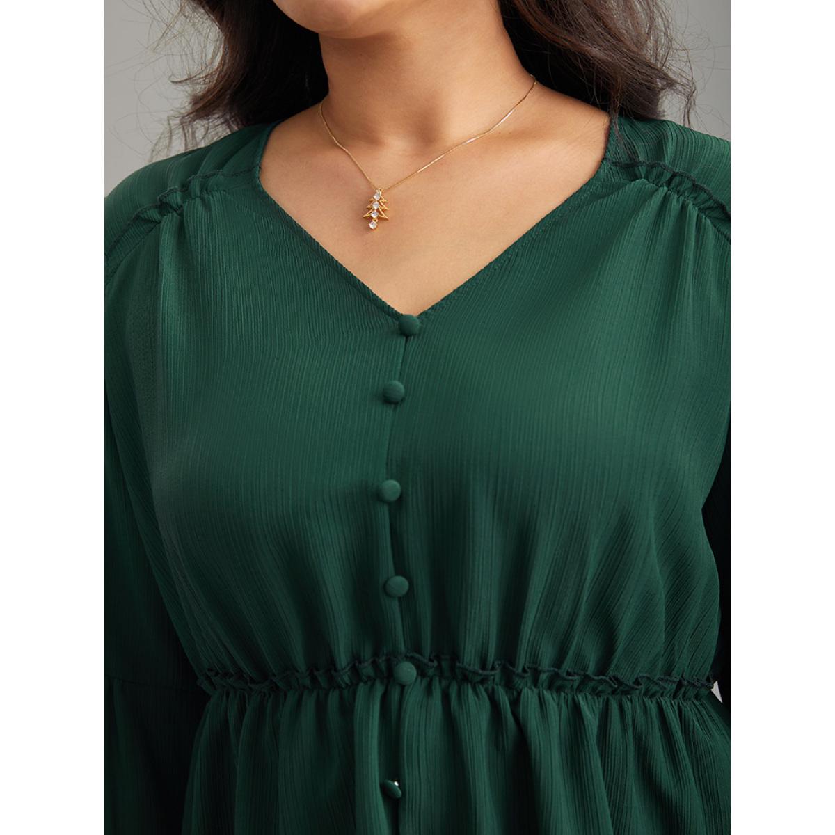 Plus Size DarkGreen Plisse Button Detail Elastic Waist Blouse Women Work From Home Elbow-length sleeve V-neck Office Blouses BloomChic 22-24/3X Product Image