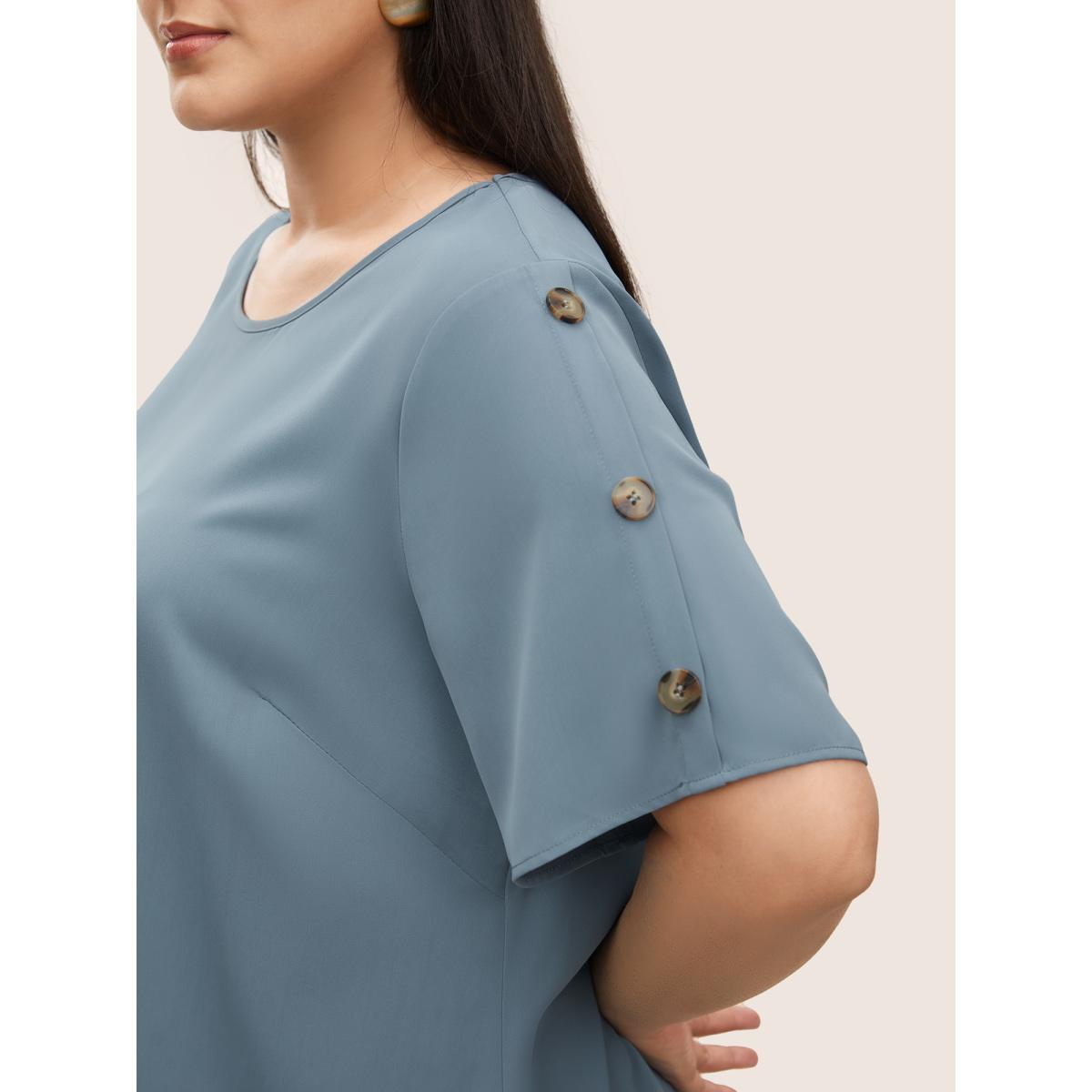 Plus Size Stone Plain Round Neck Button Detail Blouse Women Casual Short sleeve Round Neck Everyday Blouses BloomChic 12/L Product Image