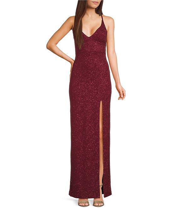 Pear Culture Spaghetti Strap V-Neck Glitter Dress Product Image