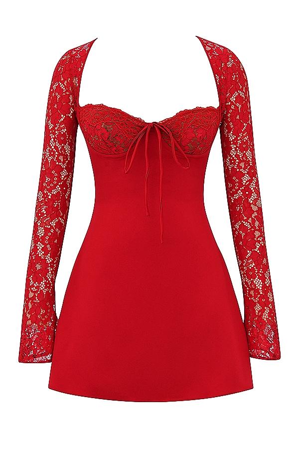 Jennica  red rose satin and lace mini dress Product Image