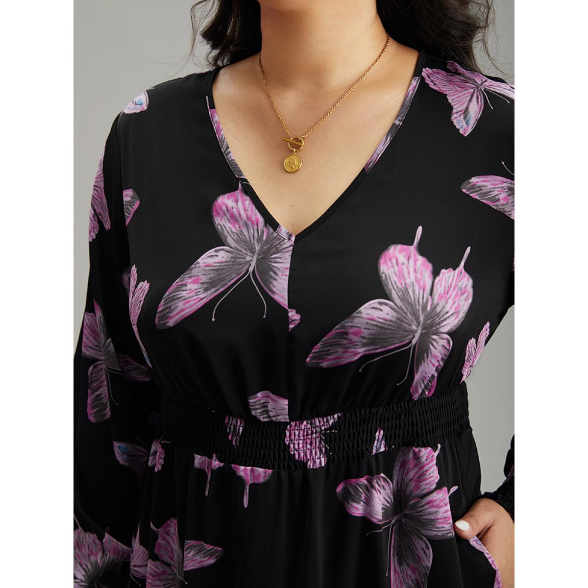 Plus Size Butterfly Print Pocket Shirred Cuffs Dress Black Women Elegant Printed V-neck Long Sleeve Curvy Midi Dress BloomChic 22-24/3X Product Image