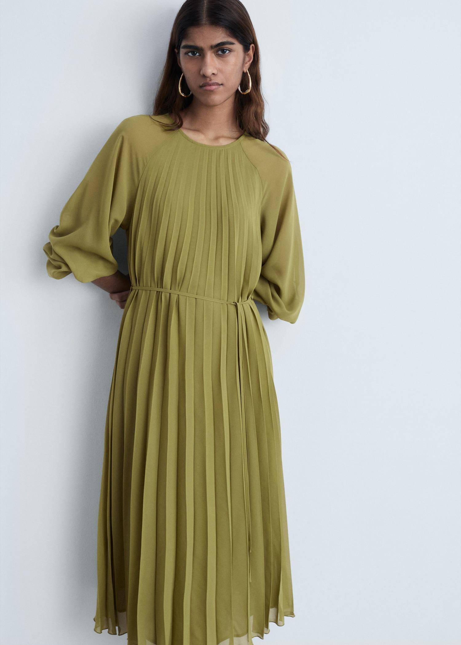 Pleated dress with bow belt - Women | MANGO USA Product Image
