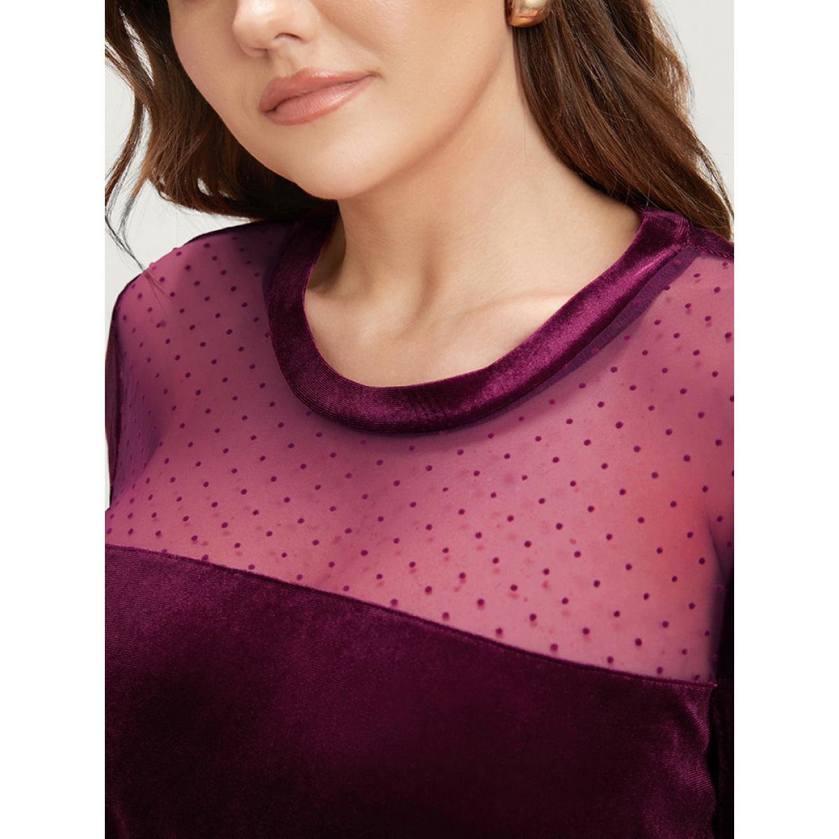 Plus Size Solid Mesh Patchwork Pocket Velvet Arc Hem Dress Burgundy Women Party See through Round Neck Long Sleeve Curvy Midi Dress BloomChic 26/4X Product Image