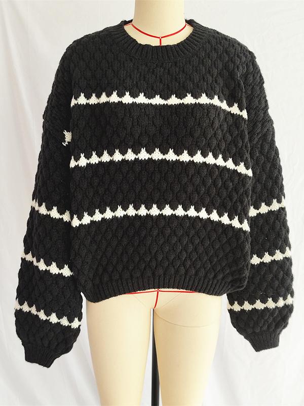 Loose Puff Sleeves Split-Joint Round-Neck Sweater Tops Product Image