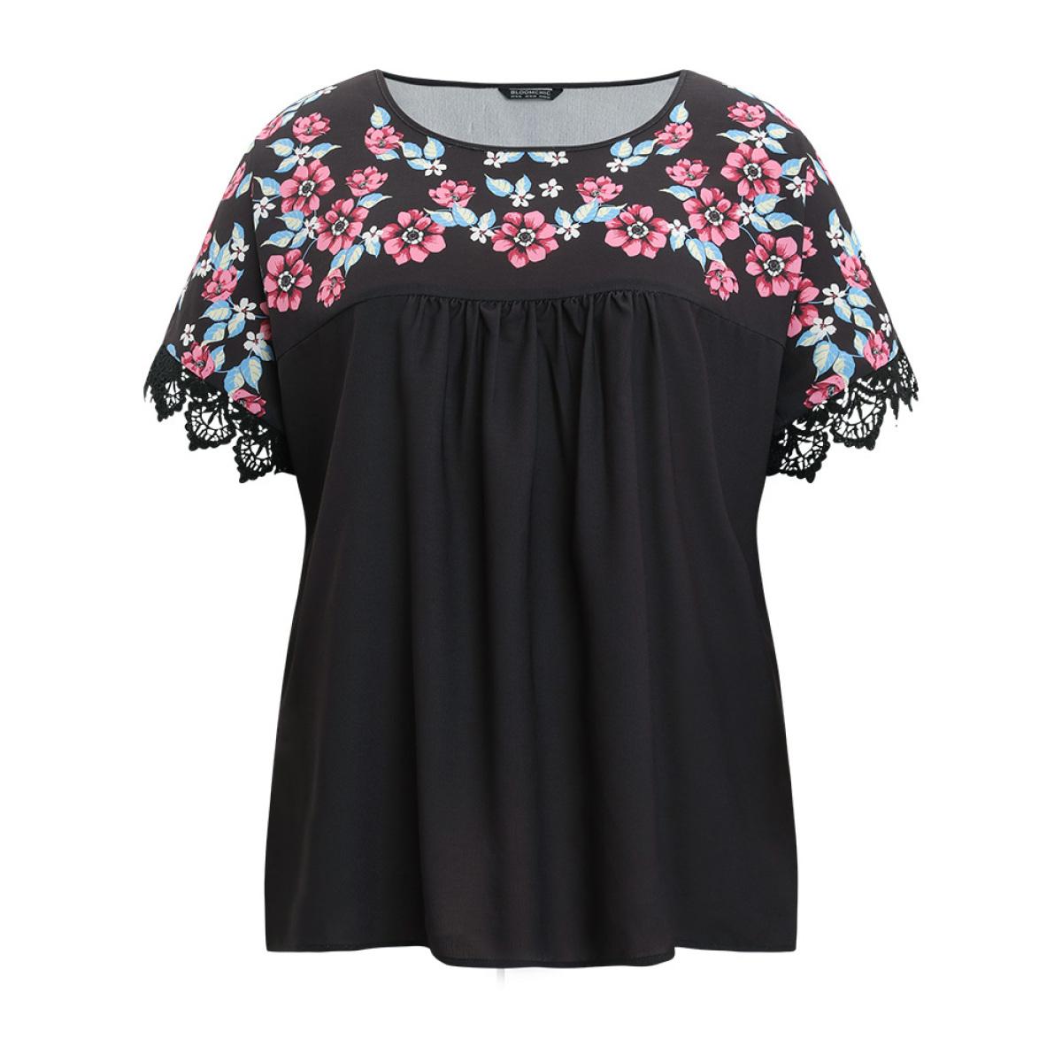 Plus Size Black Floral Print Patchwork Lace Trim Gathered Blouse Women Elegant Short sleeve Round Neck Dailywear Blouses BloomChic 18-20/2X Product Image
