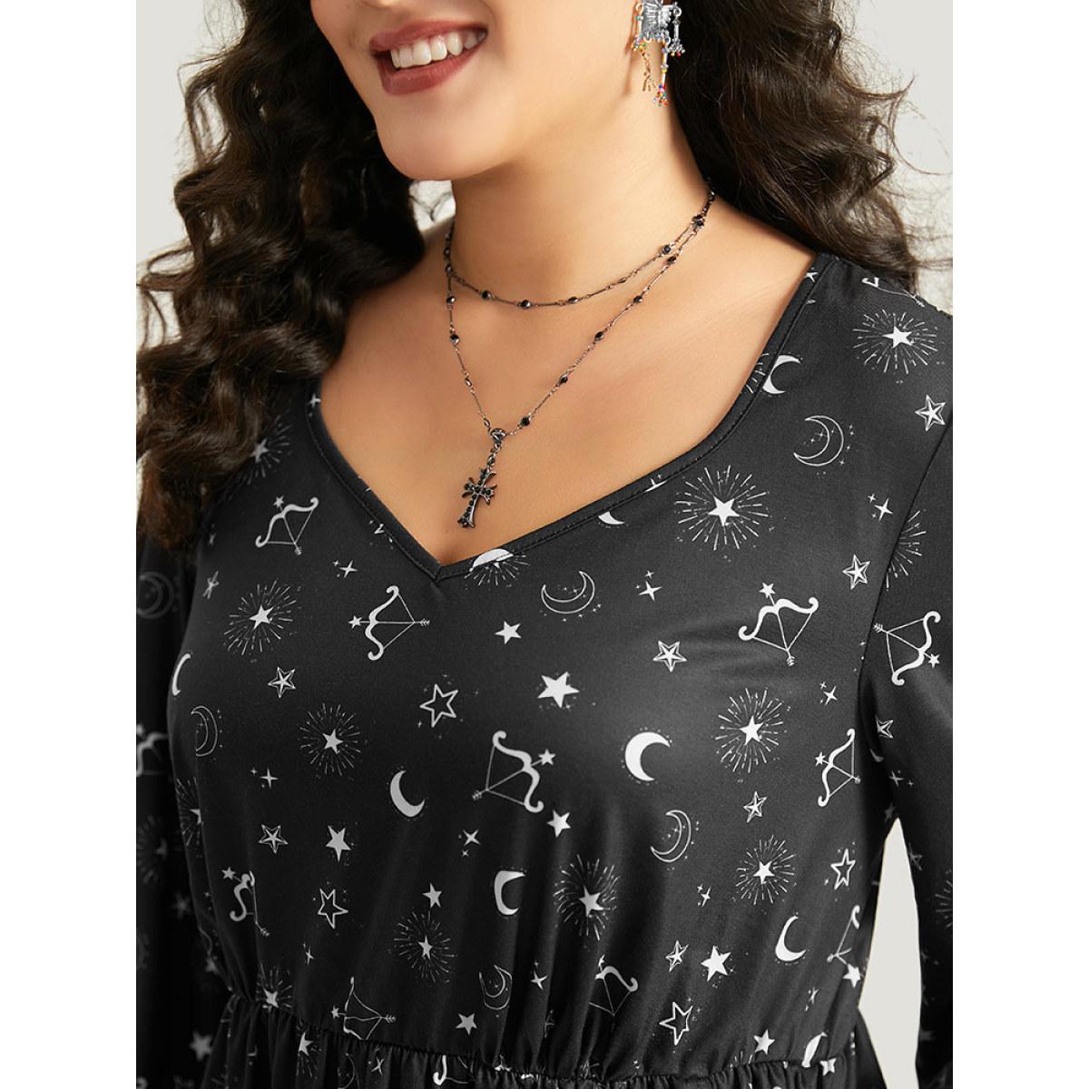 Plus Size Halloween Moon & Star Print Elastic Waist Lantern Sleeve Dress Black Women Casual Elastic cuffs Square Neck Long Sleeve Curvy Midi Dress BloomChic 28/5X Product Image