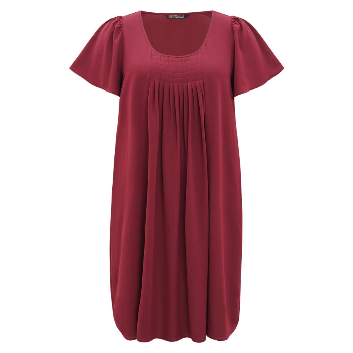 Plus Size Plain Plicated Detail Round Neck Ruffle Sleeve Dress Scarlet Women Casual Plain Round Neck Short sleeve Curvy Midi Dress BloomChic 18-20/2X Product Image