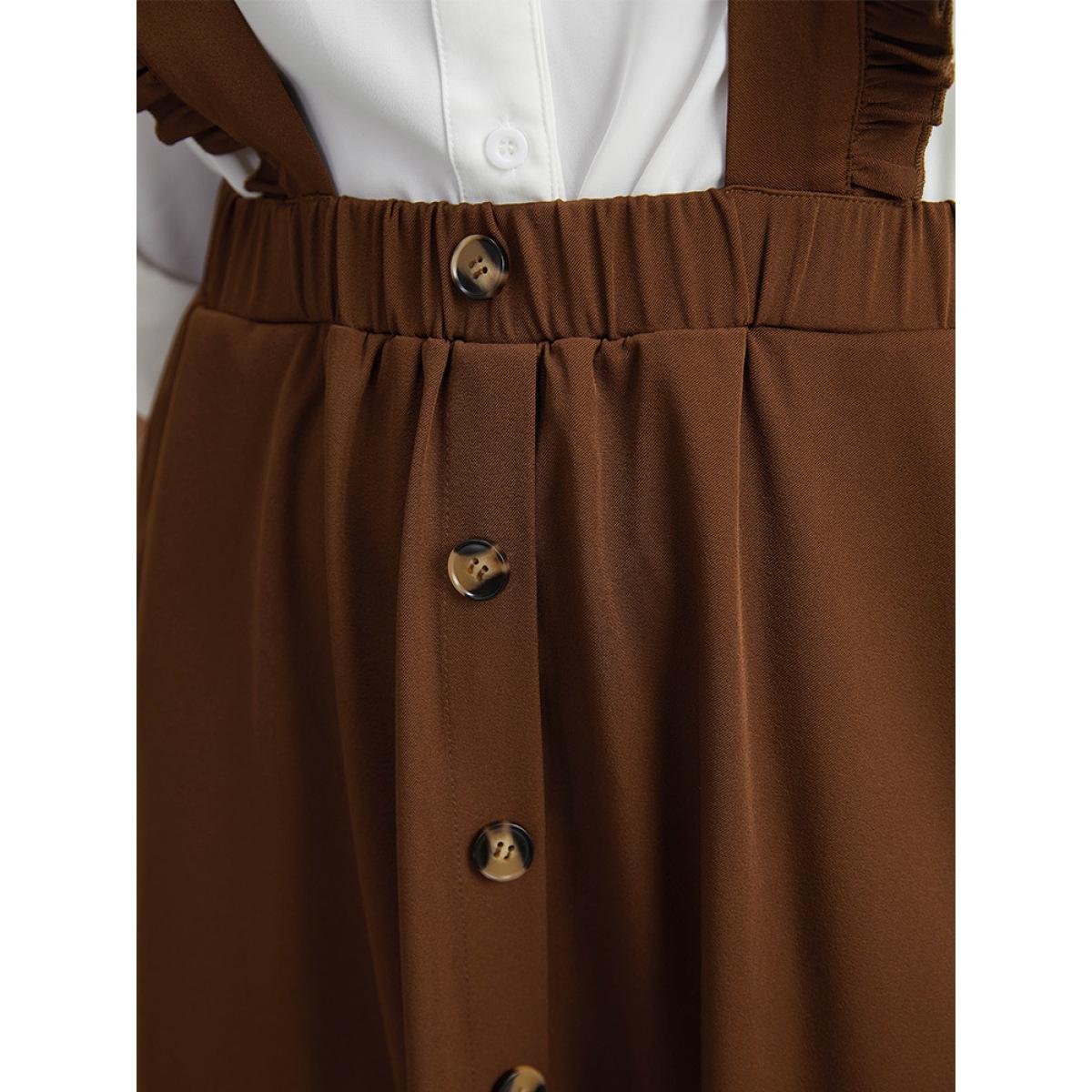 Plus Size Elastic Waist Button Detail Frill Trim Overall Skirt Women Rust At the Office Plain No stretch Pocket Office Skirts BloomChic 12/L Product Image