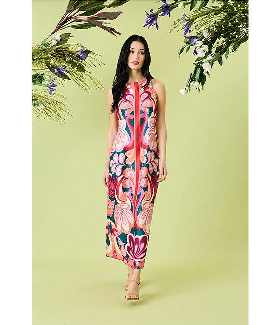 Donna Morgan Poly Twill Abstract Print Halter Neck Sleeveless Shift Maxi Dress Product Image