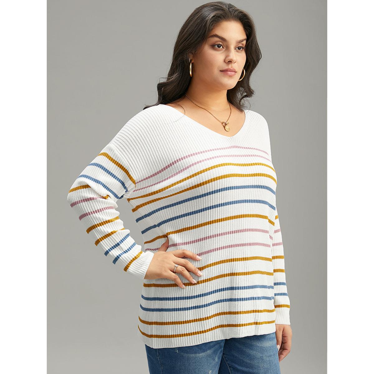 Plus Size Colour Striped V Neck Back Cut Out Pullover Multicolor Women Casual Loose Long Sleeve V-neck Dailywear Pullovers BloomChic 14-16/1X Product Image