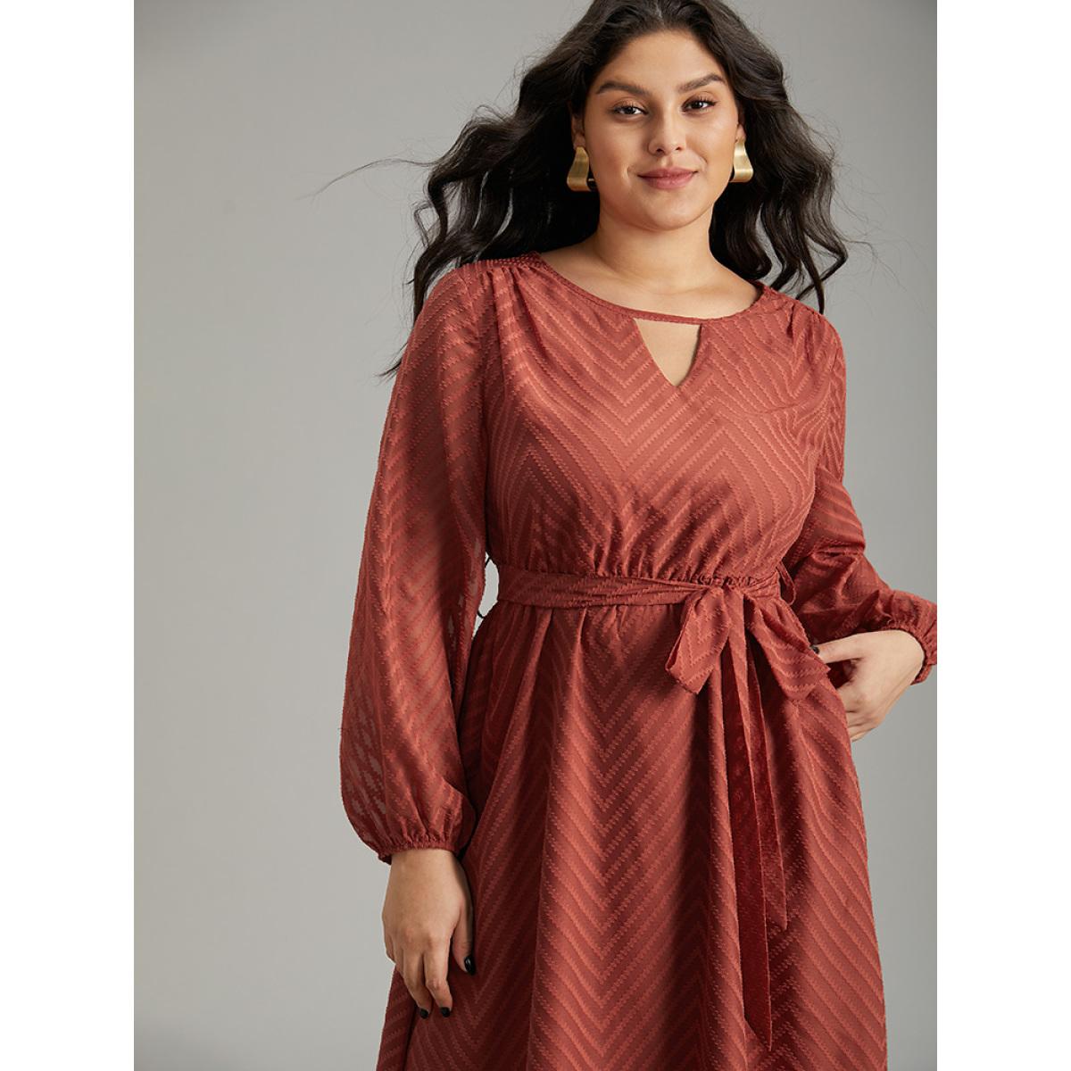 Plus Size Plain Mesh Texture Keyhole Belted Lantern Sleeve Dress Rust Women Office Elastic cuffs Keyhole Cut-Out Long Sleeve Curvy Midi Dress BloomChic 12/L Product Image