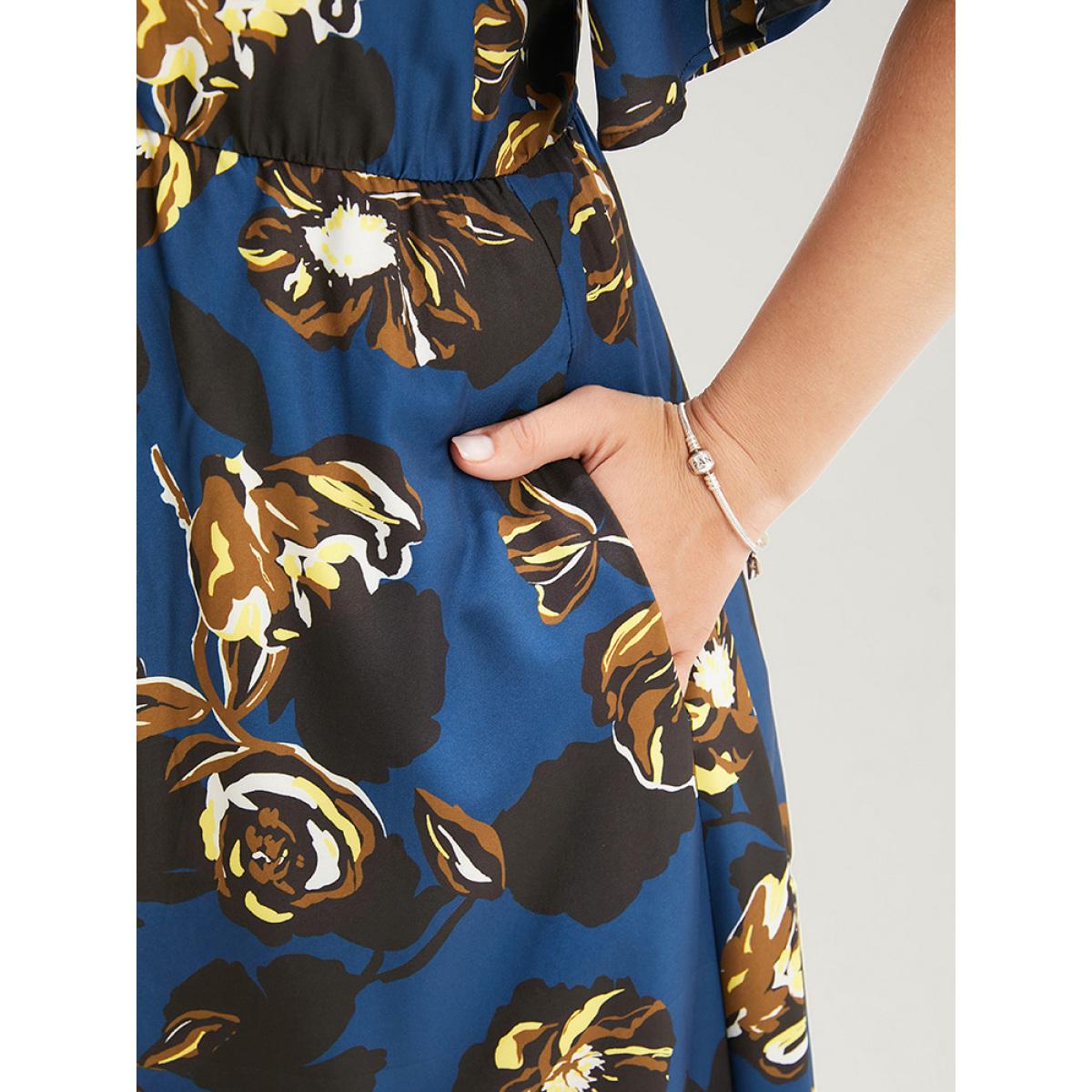 Plus Size Floral Knot Front Ruffle Sleeve Pocket Asymmetrical Hem Dress DarkBlue Women Elegant Knotted V-neck Short sleeve Curvy Midi Dress BloomChic 22-24/3X Product Image