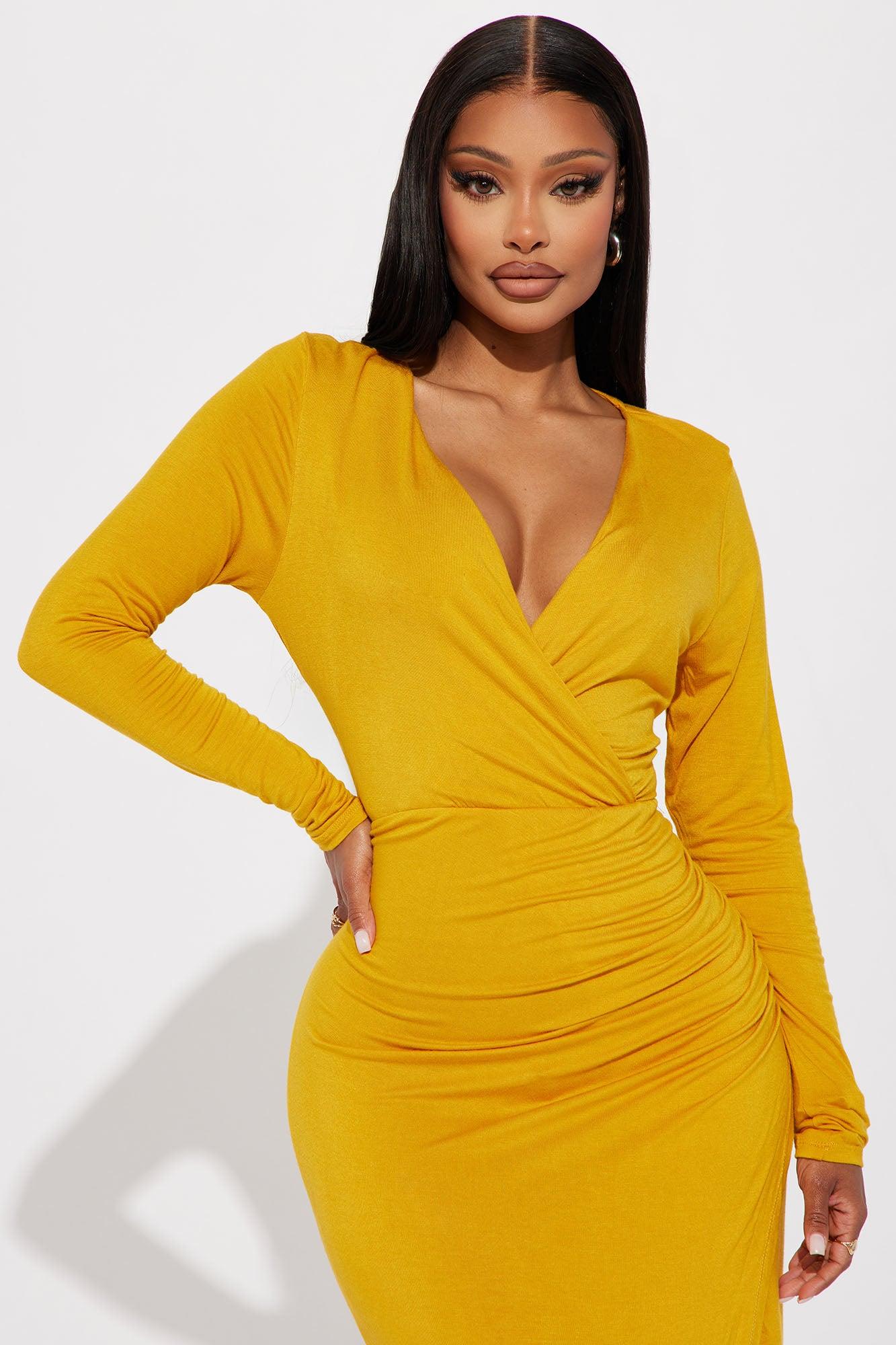 Claire Ruched Midi Dress - Mustard Product Image