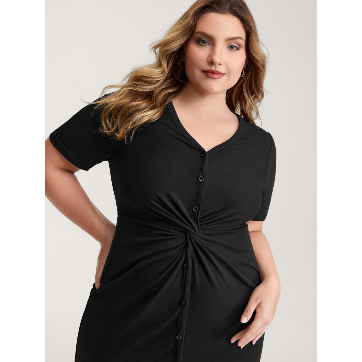 Plus Size Twist Front Button Slit Midi Dress Black Women Timeless V-neck Short sleeve Curvy BloomChic 22-24/3X Product Image