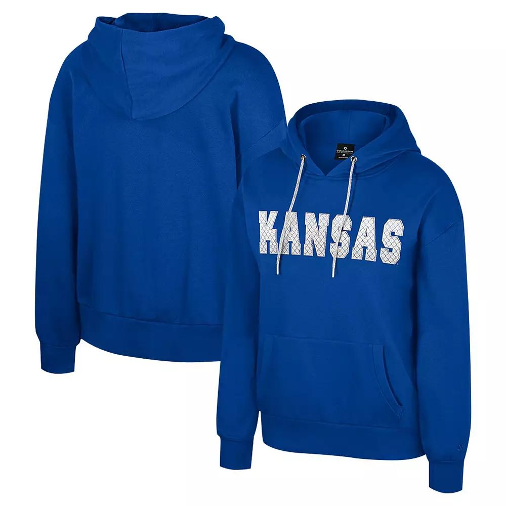 Women's Colosseum Royal Kansas Jayhawks Reflection Rhinestone Drawcord Pullover Hoodie,  Product Image