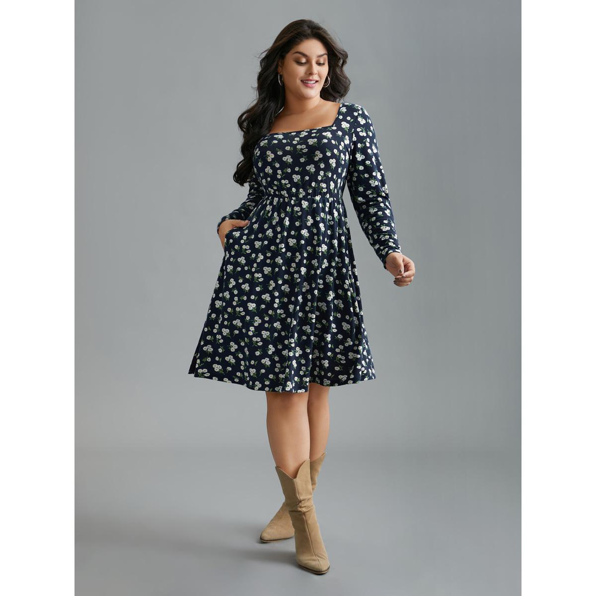 Plus Size Ditsy Floral Square Neck Pocket Dress Indigo Women Casual Non Knit Dresses Bloomchic 10/M Product Image