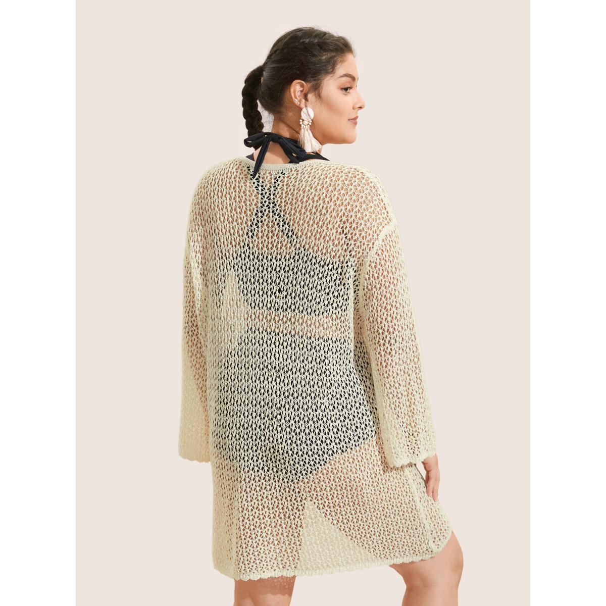 Plus Size Plain Textur Pointelle Knit Bell Sleeve Swim Cover Up Women's Swimwear Ivory Beach Cut-Out Curve Swim Cover Ups BloomChic 18-20/2X Product Image