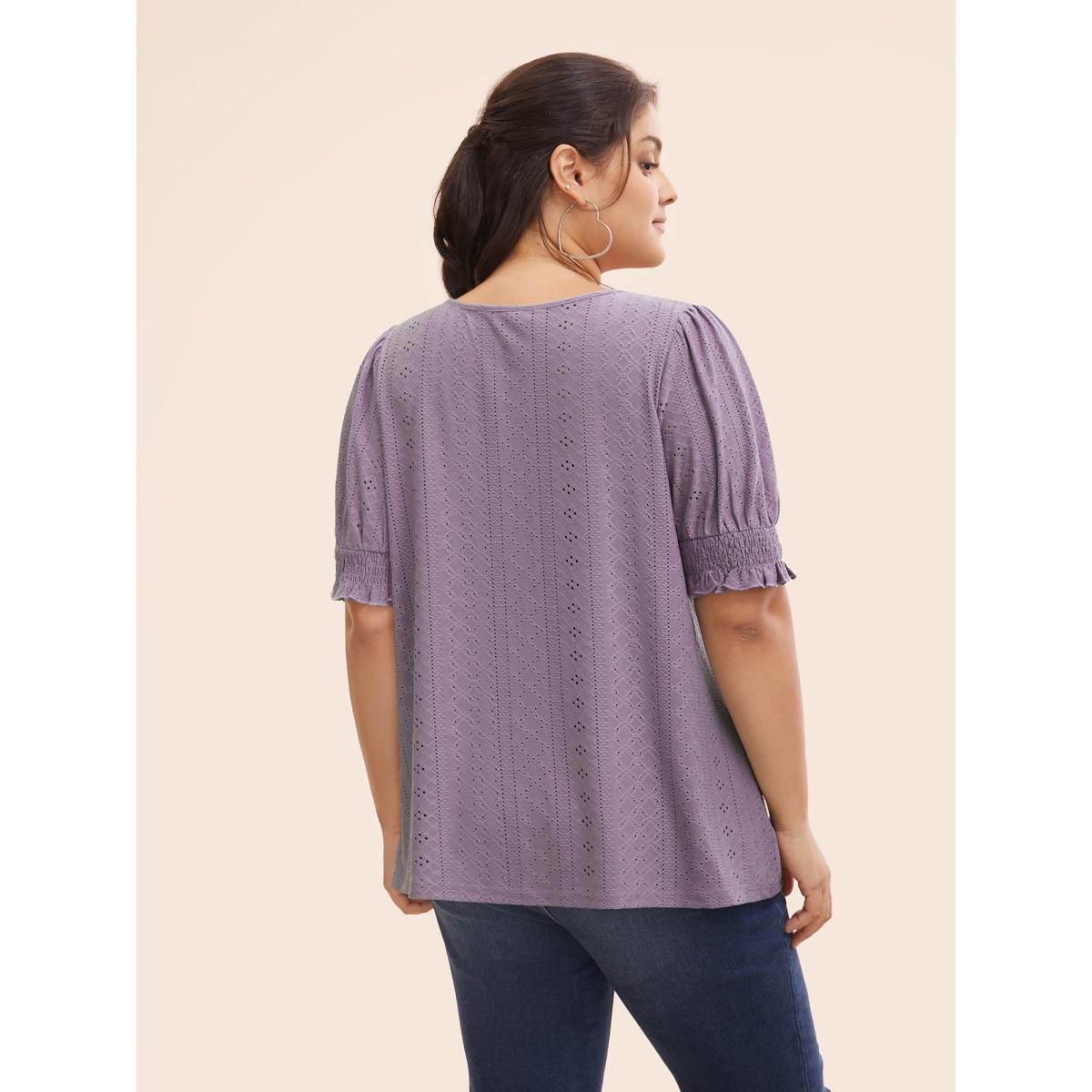 Plus Size Plain Broderie Anglaise Shirred Puff Sleeve Button Detail T-shirt Mauve Women Casual Button Plain V-neck Everyday T-shirts BloomChic 18-20/2X Product Image