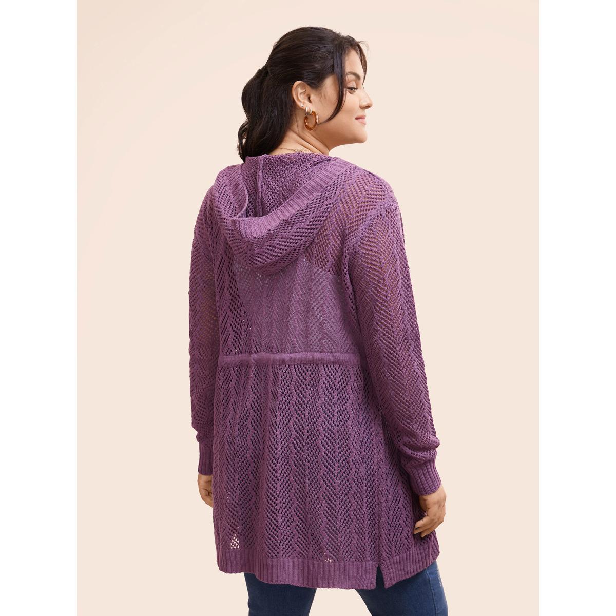 Plus Size Plain Hooded Drawstring Drop Shoulder Cardigan Eggplant Women Leisure Loose Long Sleeve Casual Cardigans BloomChic 10/M Product Image