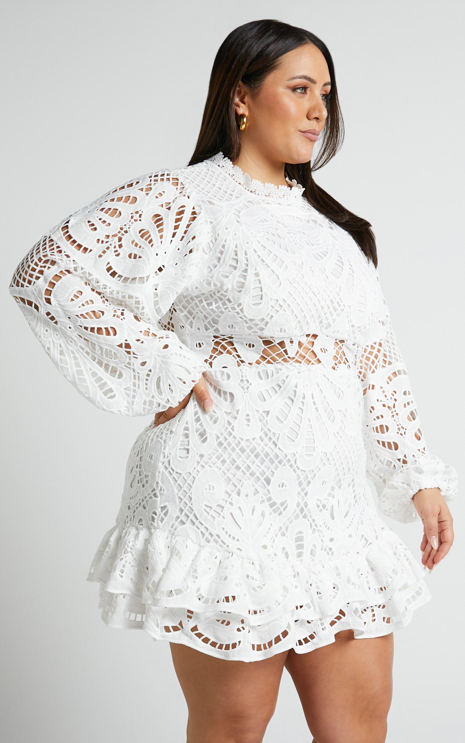 Kiss Me Now Mini Dress - Long Puff Sleeve Dress in White Lace Product Image