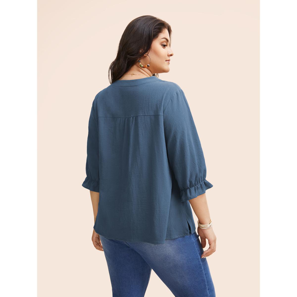 Plus Size Aegean Broderie Anglaise Tie Knot Lantern Sleeve Blouse Women Boho Elbow-length sleeve Notched collar Vacation Blouses BloomChic 18-20/2X Product Image