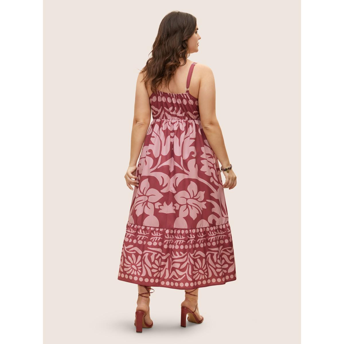 Plus Size Silhouette Floral Print Frill Trim Cami Dress DustyPink Women Resort Gathered V-neck Sleeveless Curvy BloomChic 22-24/3X Product Image