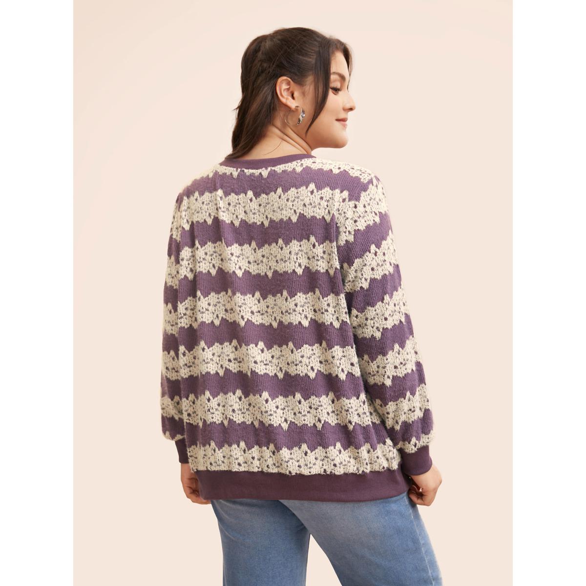 Plus Size Striped Patchwork Contrast Texture Sweatshirt Women Mauve Casual Texture Loose V-neck Everyday Sweatshirts BloomChic 28/5X Product Image
