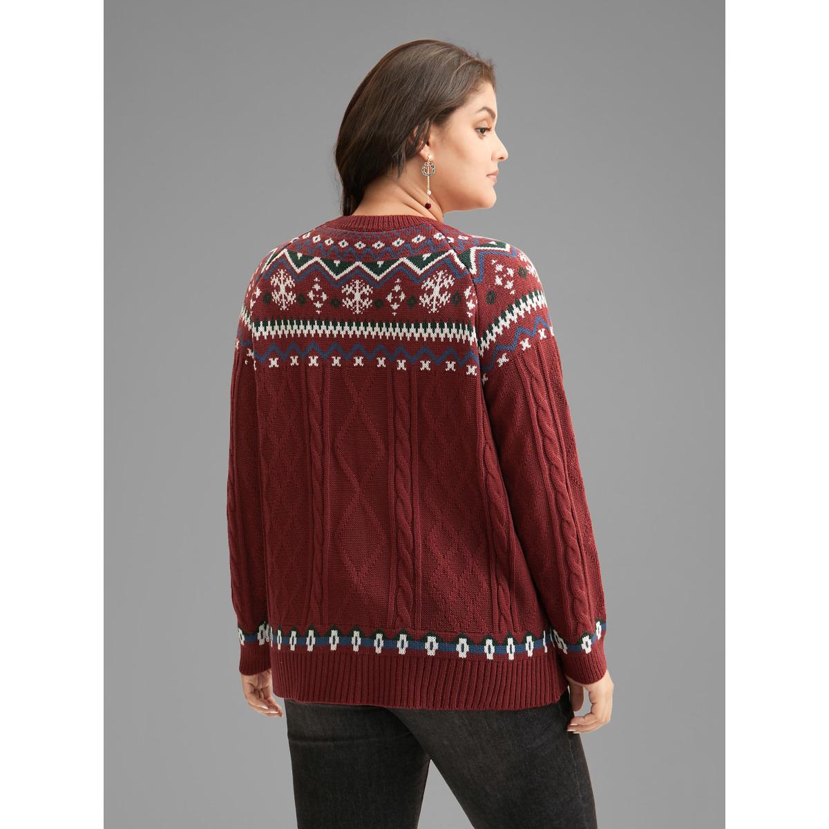 Plus Size Festive Fair Isle Cable Knit Pullover Deepred Women Leisure Loose Long Sleeve Round Neck Casual Pullovers BloomChic 12/L Product Image