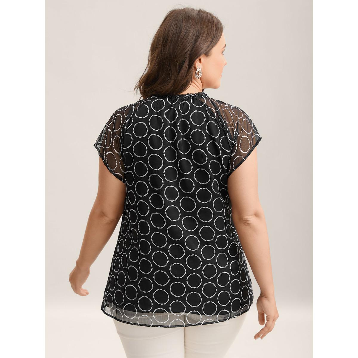 Plus Size Black Polka Dot Mock Neck Mesh Patchwork Blouse Women Workwear Essentials Cap Sleeve Round Neck Work Blouses BloomChic 10/M Product Image