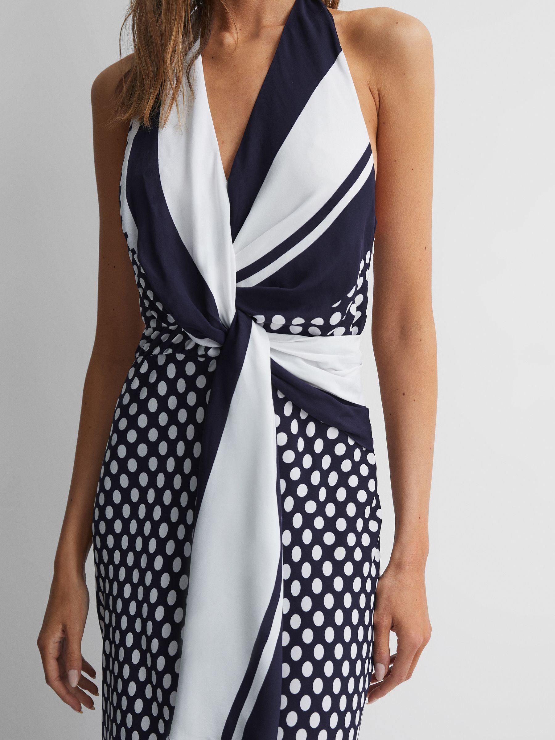 Striped Polka Dot Halter Maxi Dress in Navy/White Product Image