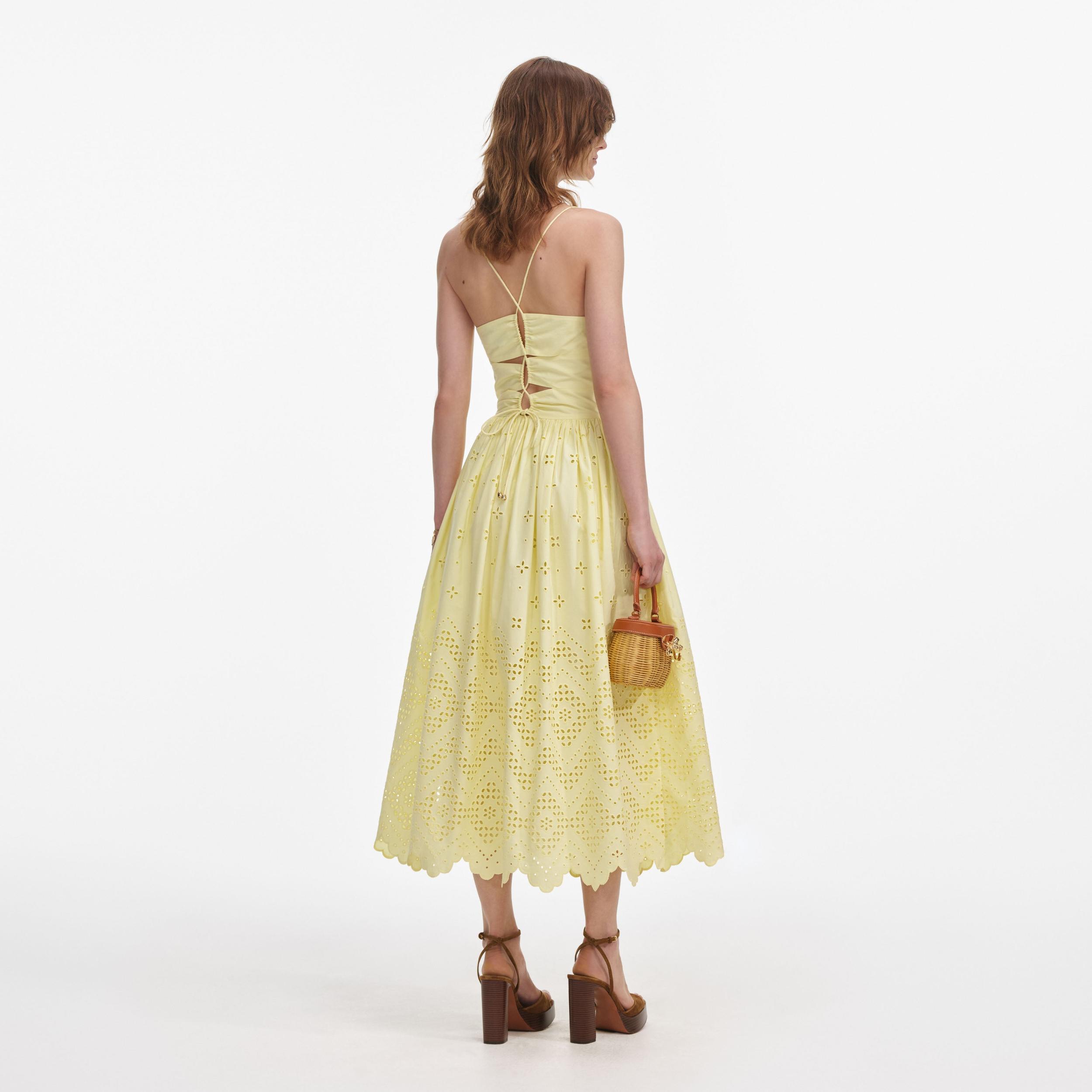 Yellow Cotton Broderie Midi Dress Product Image