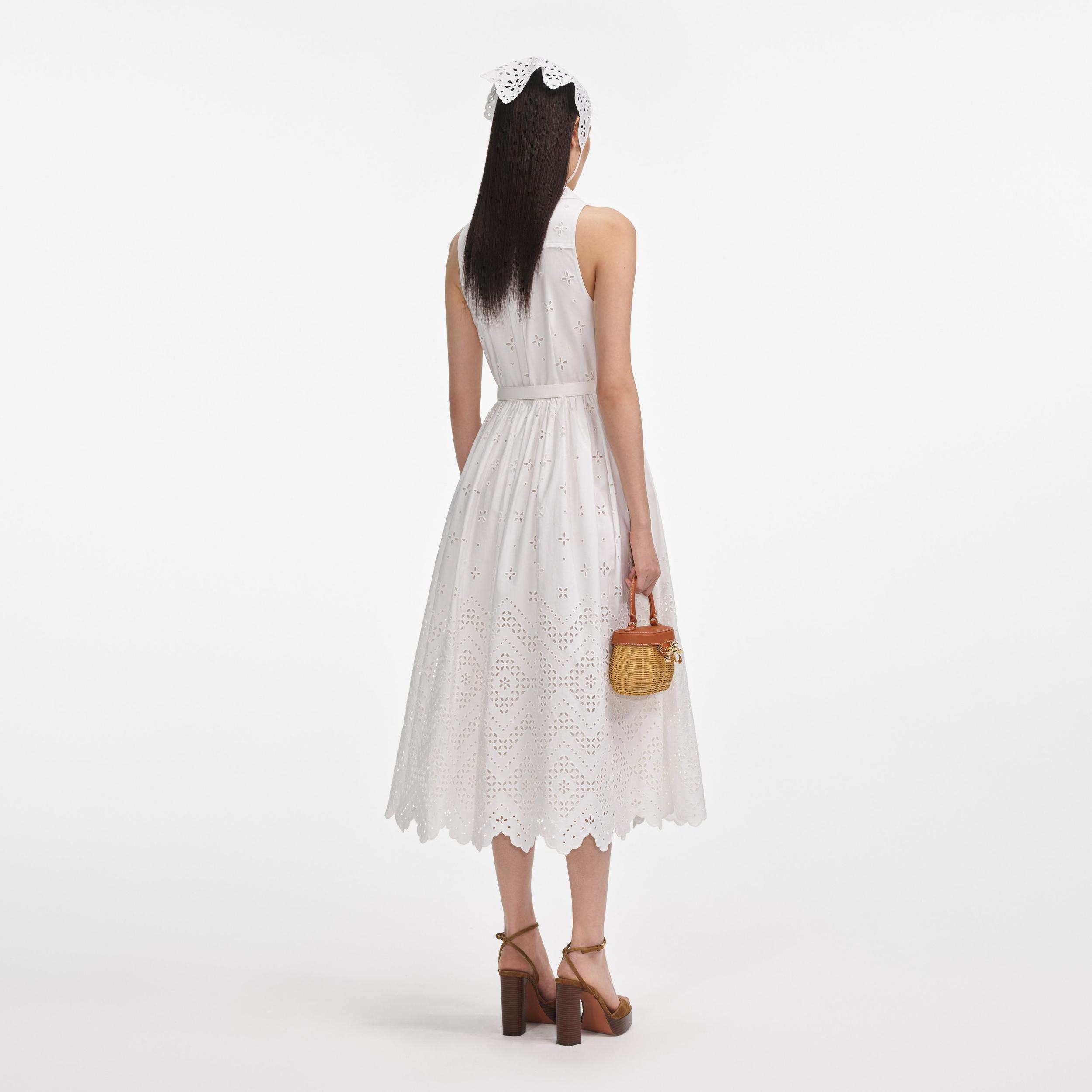 White Cotton Broderie Collared Midi Dress Product Image