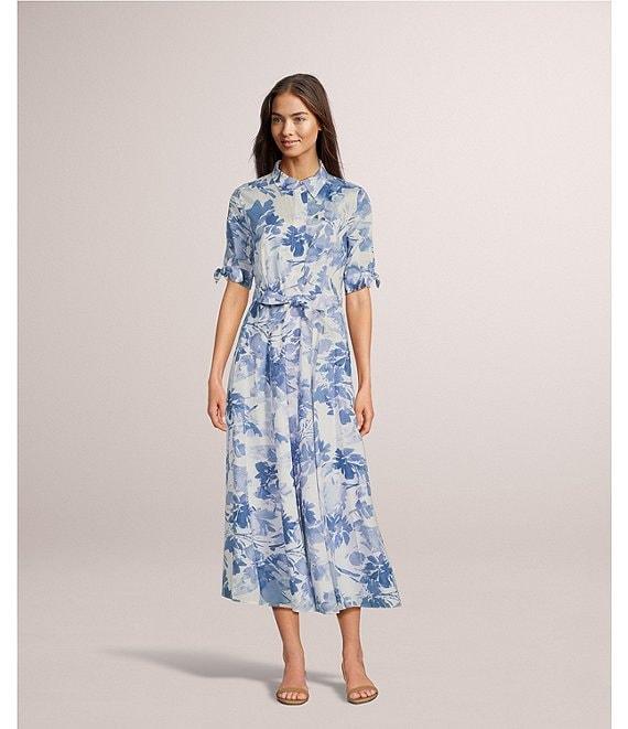 Calvin Klein Short Sleeve Point Collar Tie Waist Floral Printed Midi A-Line Dress Product Image