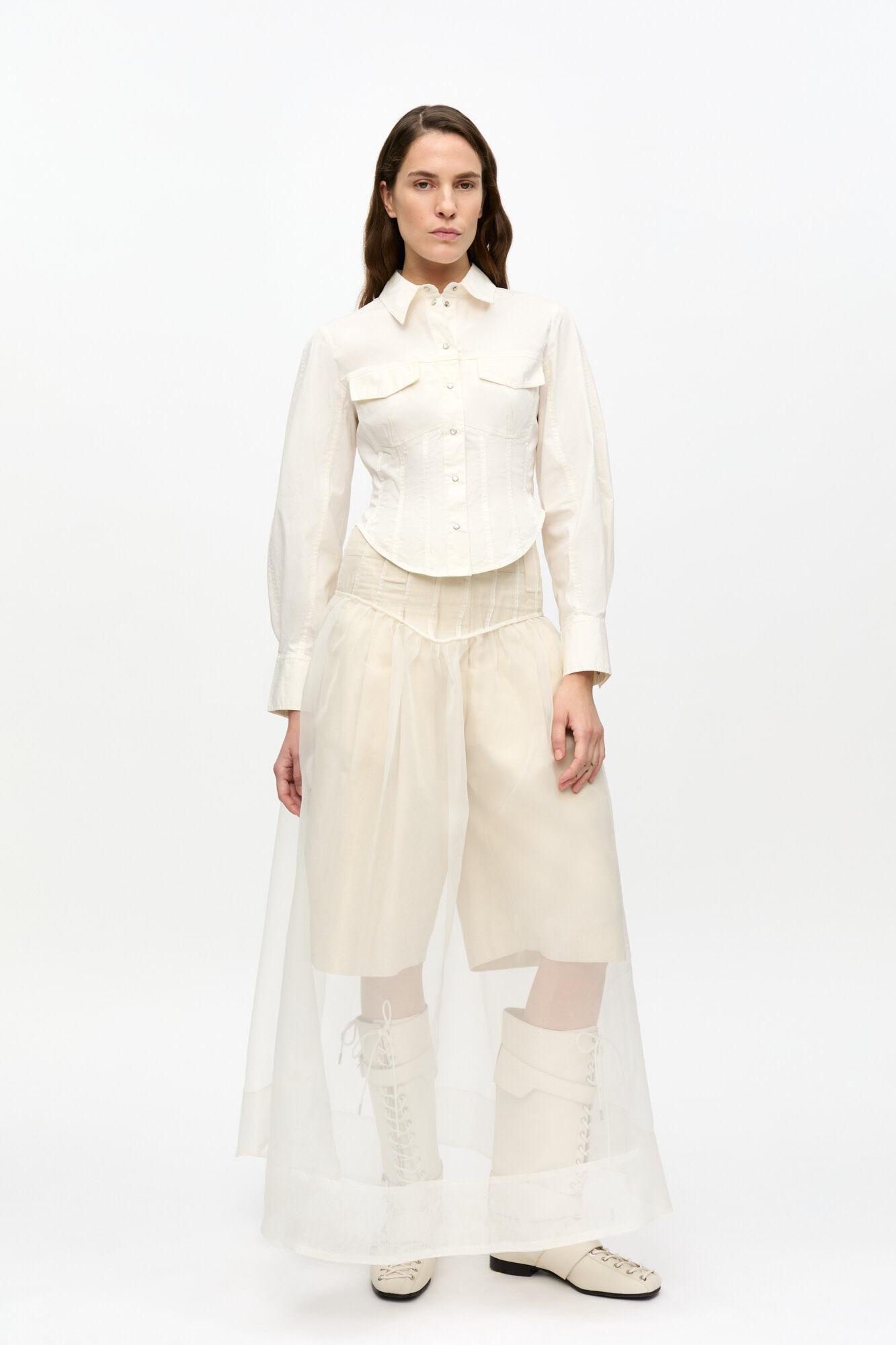 Ivory Washed Stretch Cotton Corset Shirt Product Image