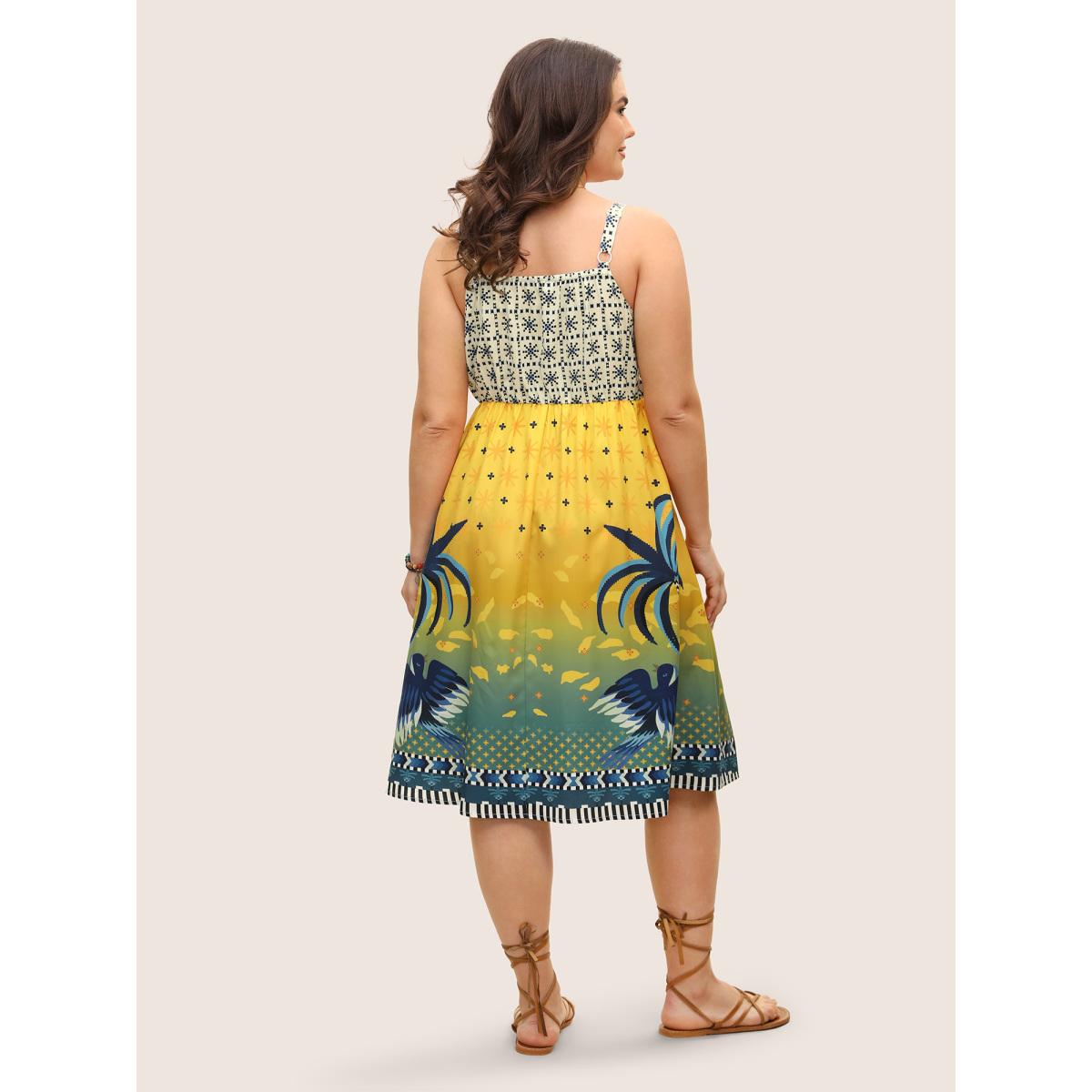 Plus Size Tropical Print Drawstring Frill Trim Dress Lightorange Women Resort Frill Trim Heart neckline Sleeveless Curvy BloomChic 28/5X Product Image
